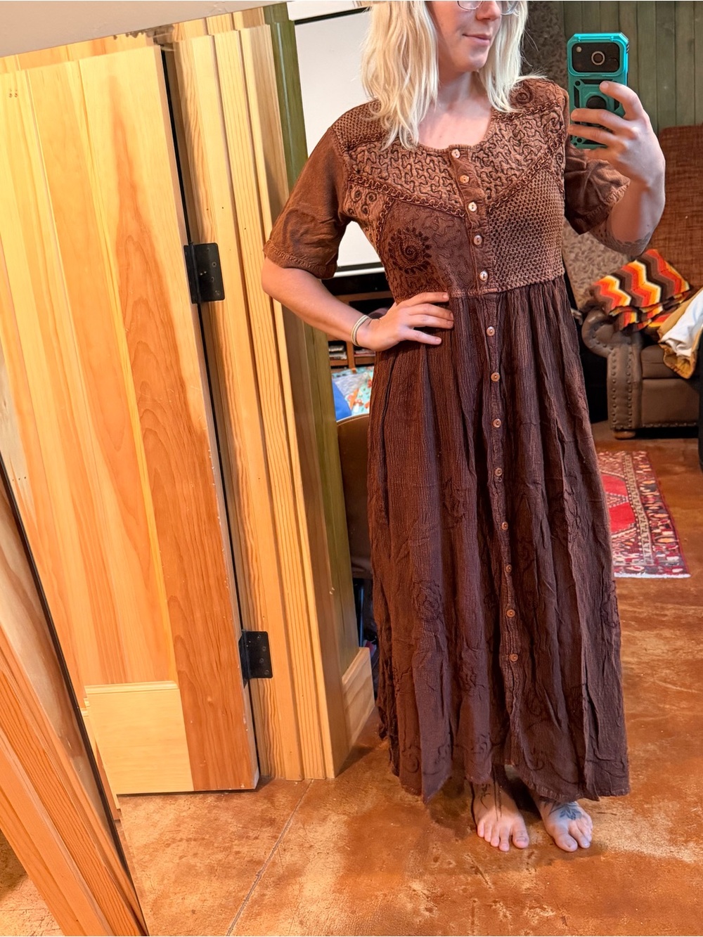 Brown Bohemian Button-Front Maxi Dress